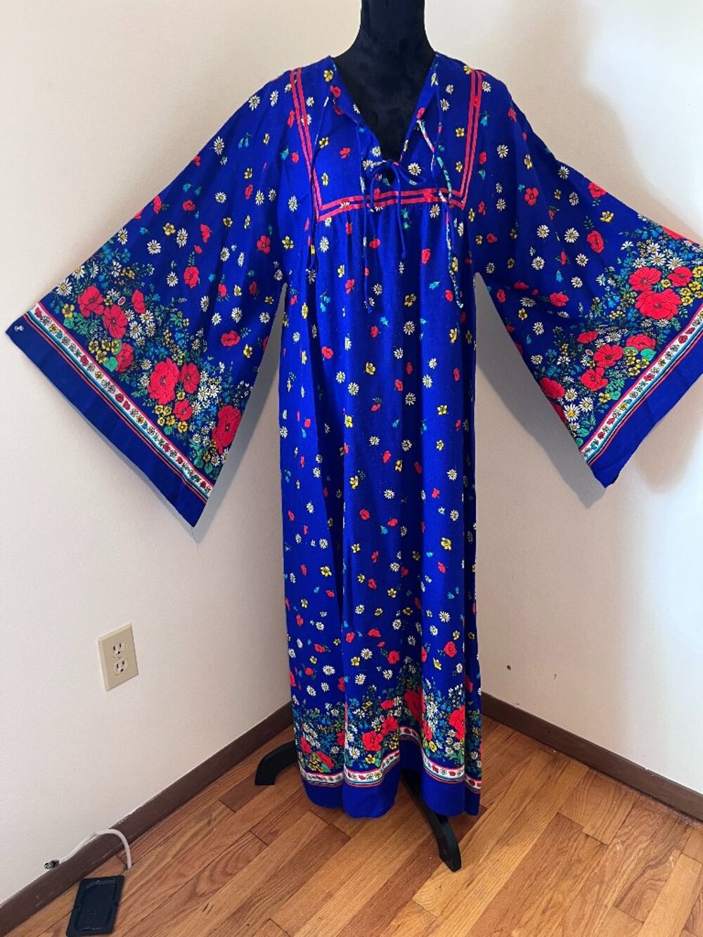 1970's Bohemian Minday Malone California Florals Maxi Dress with Bell Sleeves